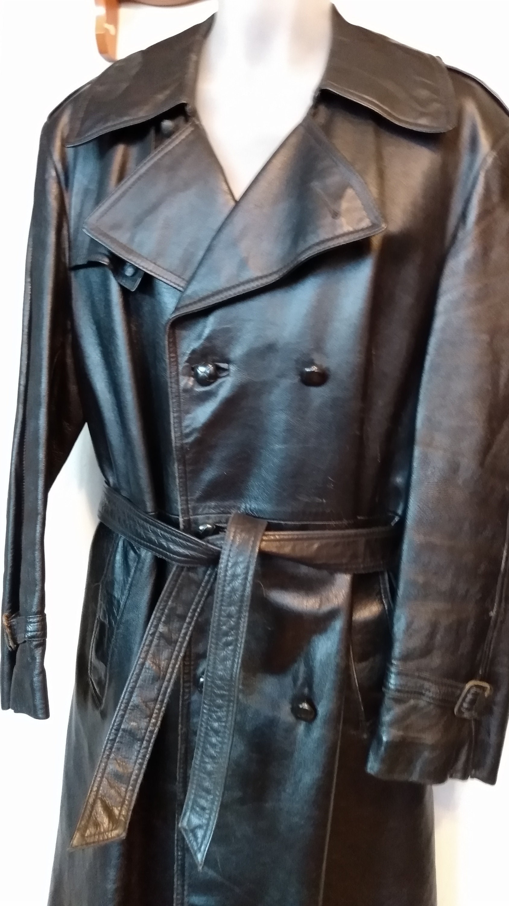 MENS Vintage Trench Coat 42 44R Large Retro Real Leather Etsy