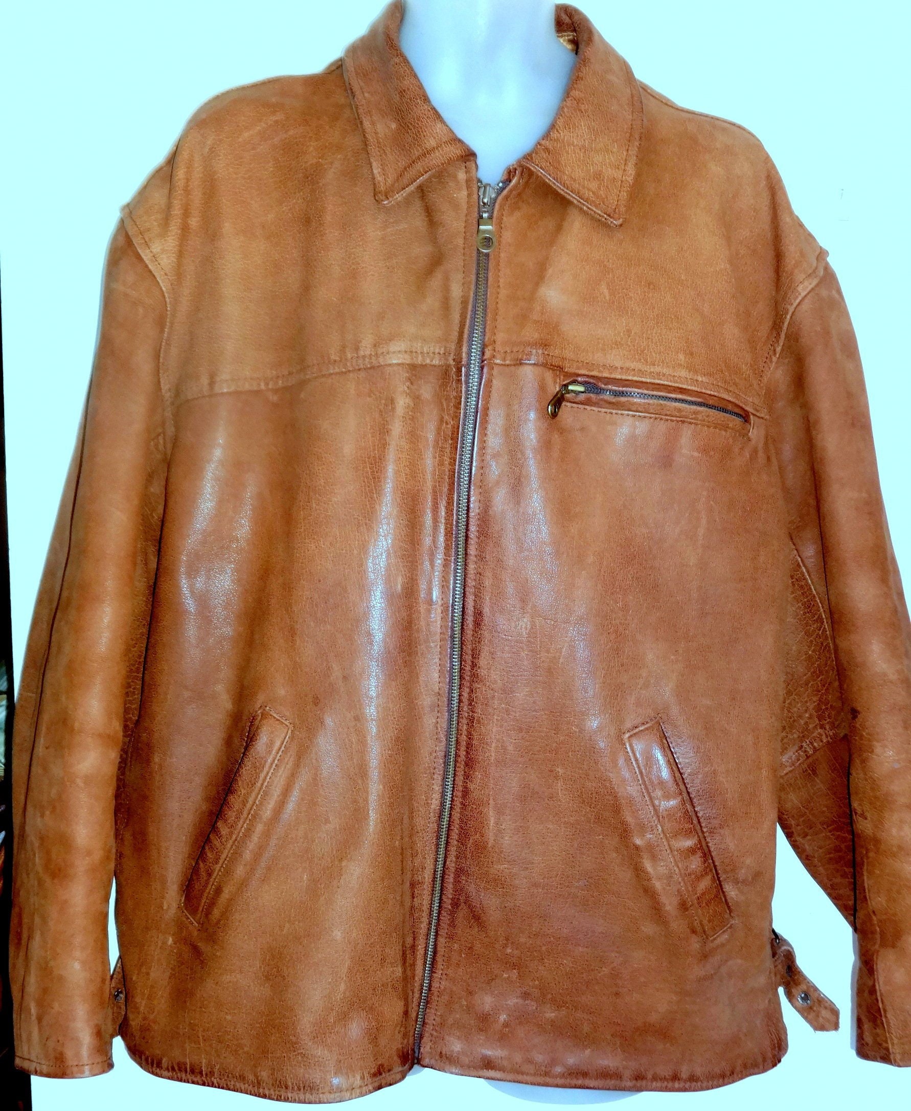 Mens Xl 46 48 Leather Jacket Thick Heavy Vintage Retro Whiskey Brown Zip Coat Fall Winter Motorcycle Big