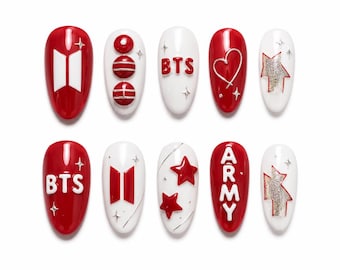 BTS Press-On-Nägel, ARMY Konzertnägel, Rot-Weiß-Kpop-Nagel-Set, BTS-Logo-Nailart, koreanisches Fan-Press-On, Benutzerdefinierte Größe