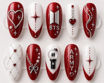 Presse BTS rouge vif sur les ongles | ARMY Bomb Kpop Nails | Faux ongles avec logo BTS en chrome argenté | Ongles en gel concert réutilisables