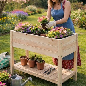 May include: A rectangular light-coloured wooden raised garden bed with four legs and a lower storage shelf. The planter holds multiple pots of colourful flowers, while the bottom shelf contains three brown plastic pots and two small hand tools.