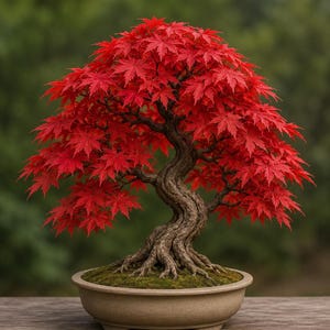 May include: A vibrant red Japanese maple bonsai tree in a beige ceramic pot. The tree has a twisted trunk and branches, with bright red leaves. The pot sits on a wooden surface, with a blurred green background.