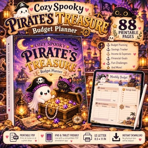 Puede incluir: Un planificador de presupuesto digital titulado Cozy Spooky Pirate's Treasure con 88 páginas imprimibles. La portada muestra un fantasma y un gato negro con un cofre del tesoro. Una tableta muestra una plantilla de presupuesto.