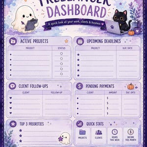 May include: A purple watercolor-themed freelancer dashboard planner page featuring a ghost holding a clipboard, a black cat with a laptop, and sections for active projects, upcoming deadlines, client follow-ups, pending payments, and top priorities.