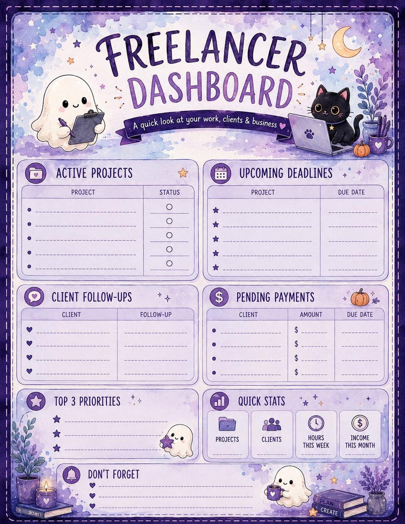 May include: A purple watercolor-themed freelancer dashboard planner page featuring a ghost holding a clipboard, a black cat with a laptop, and sections for active projects, upcoming deadlines, client follow-ups, pending payments, and top priorities.