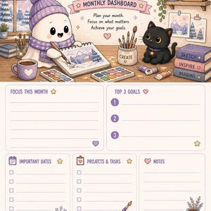 May include: A January monthly dashboard planner page featuring a cartoon ghost in a purple hat and scarf painting in a sketchbook. Includes a black cat, art supplies, and sections for goals, dates, projects, and notes with text throughout the page.