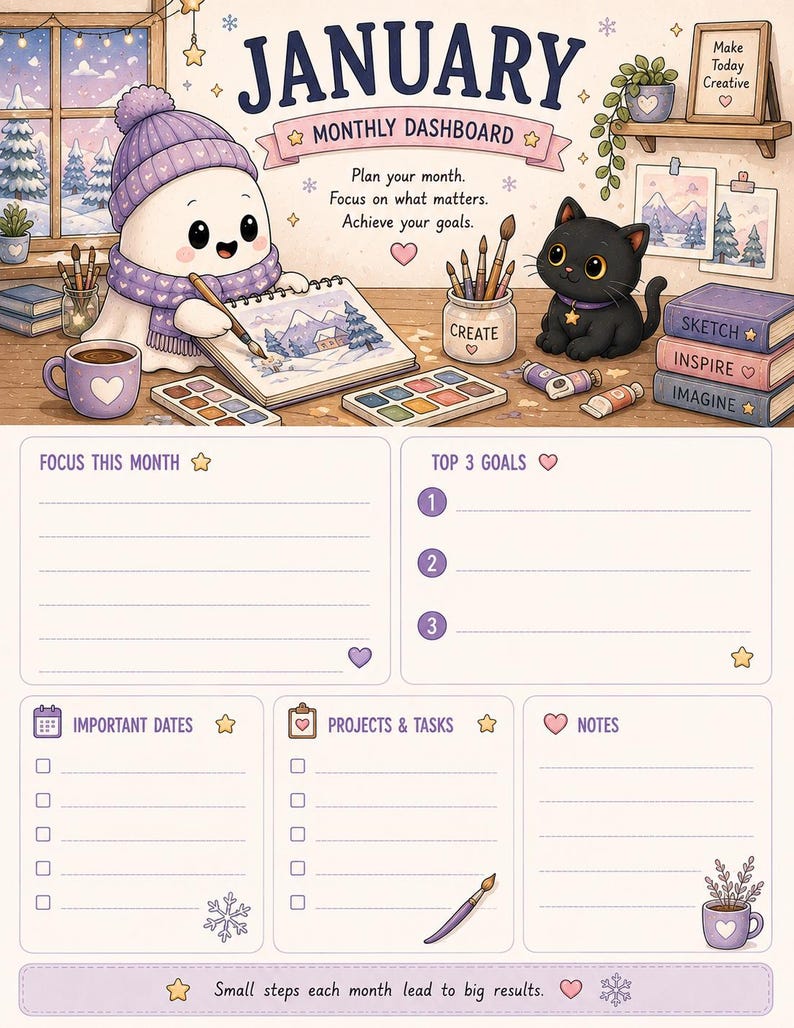 May include: A January monthly dashboard planner page featuring a cartoon ghost in a purple hat and scarf painting in a sketchbook. Includes a black cat, art supplies, and sections for goals, dates, projects, and notes with text throughout the page.