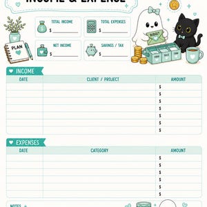 May include: A monthly income and expense tracker sheet for August featuring a white ghost and black cat illustration. The layout includes sections for total income, expenses, net income, savings, and tax, with columns for date, client, project, and amount.