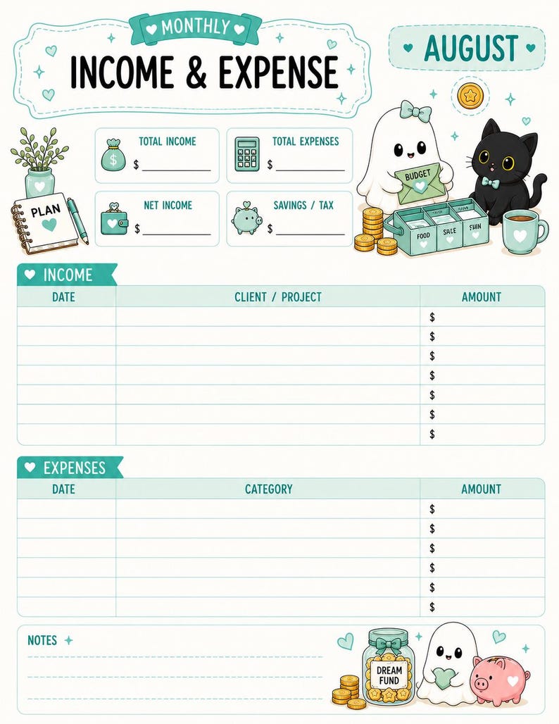 May include: A monthly income and expense tracker sheet for August featuring a white ghost and black cat illustration. The layout includes sections for total income, expenses, net income, savings, and tax, with columns for date, client, project, and amount.