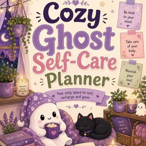 May include: A book cover titled Cozy Ghost Self-Care Planner featuring a white ghost in a purple nightcap holding a mug, a black cat, potted plants, candles, and sticky notes with text: Be kind to your mind, Take care of your body, Nourish your soul.