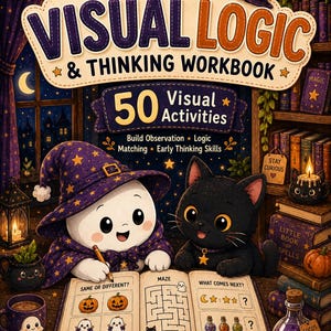 Könnte beinhalten: Ein Arbeitsbuch mit dem Titel COZY VISUAL LOGIC & THINKING WORKBOOK, das einen weißen Geist mit einem violetten Sternenhut und eine schwarze Katze zeigt. Das Cover illustriert Aktivitäten wie Labyrinthe und Muster, umgeben von Kürbissen und Zaubertränken.