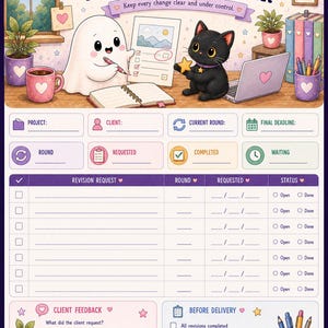 May include: A Revision Tracker planner sheet featuring a cartoon ghost and black cat at a desk. The top section includes illustrations of plants, mugs, and a laptop. The lower section contains fields for project details, revision requests, client feedback, and a delivery checklist.