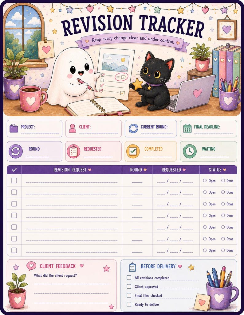 May include: A Revision Tracker planner sheet featuring a cartoon ghost and black cat at a desk. The top section includes illustrations of plants, mugs, and a laptop. The lower section contains fields for project details, revision requests, client feedback, and a delivery checklist.