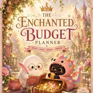 May include: A book titled The Enchanted Budget Planner with a crown icon, featuring a white ghost with glasses holding a pink quill and a black cat in a pink dragon costume. A treasure chest filled with gold coins and gems sits in front of them.