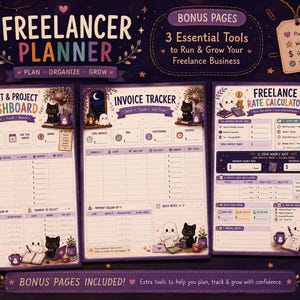 May include: A Freelancer Planner set featuring three purple-themed pages: Client & Project Dashboard, Invoice Tracker, and Freelance Rate Calculator. Each page includes sections for tracking business tasks, decorated with illustrations of ghosts and cats.