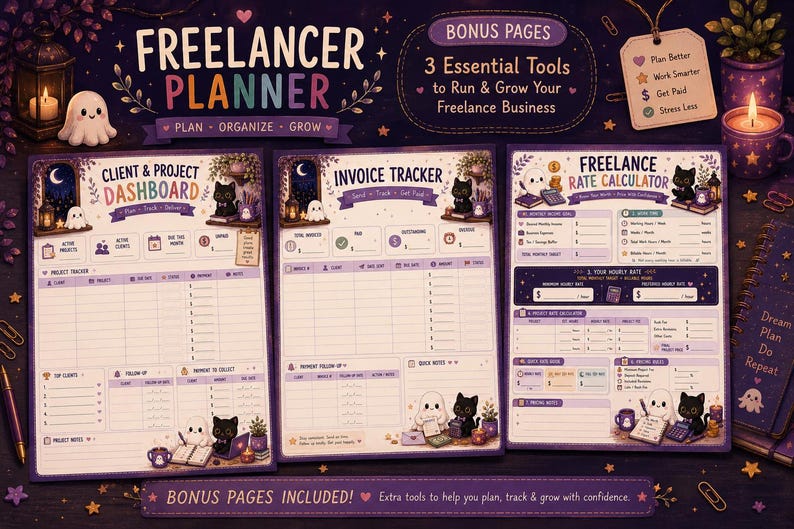 May include: A Freelancer Planner set featuring three purple-themed pages: Client & Project Dashboard, Invoice Tracker, and Freelance Rate Calculator. Each page includes sections for tracking business tasks, decorated with illustrations of ghosts and cats.