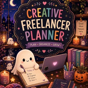 以下が含まれることがあります： 暗い背景にカラフルな文字が書かれたCreative Freelancer Plannerと、ノートに書き込むゴーストのキャラクター。ノートパソコン、キャンドル、カボチャ型のプランター、Dream Plan Do Repeatと書かれたノートが配置されたデスク周りの様子。