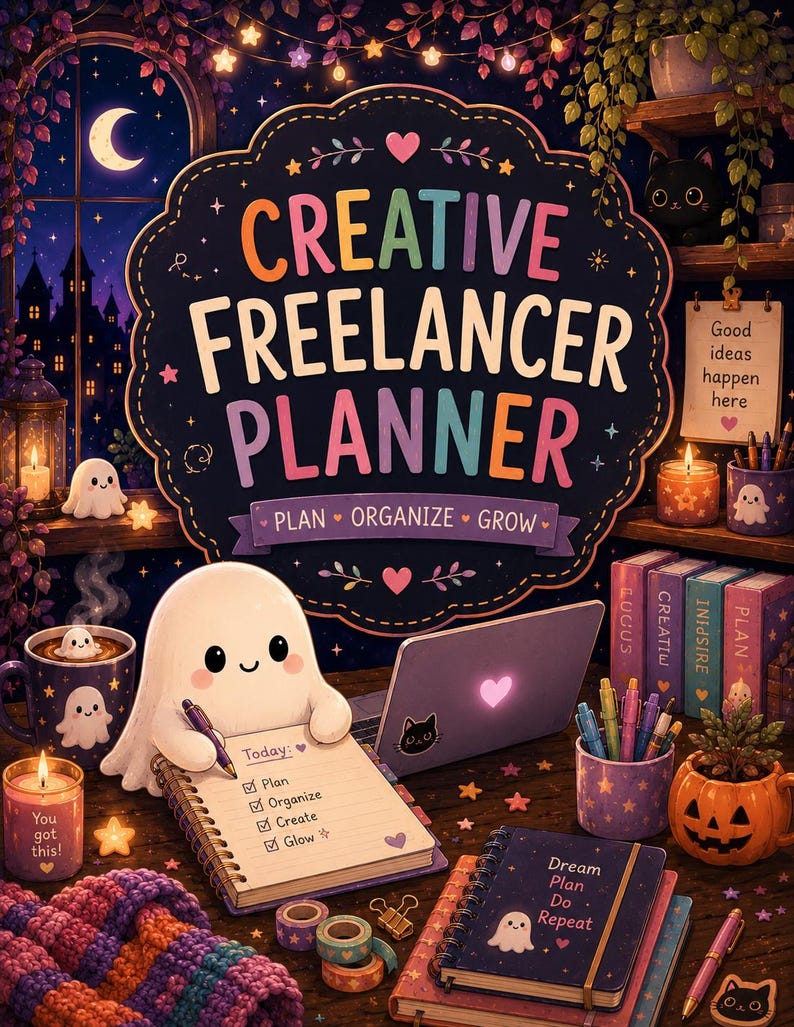 May include: A Creative Freelancer Planner with a dark background, colorful text, and a ghost character writing in a notebook. The scene includes a laptop, candles, a pumpkin-shaped planter, and notebooks labeled Dream Plan Do Repeat.