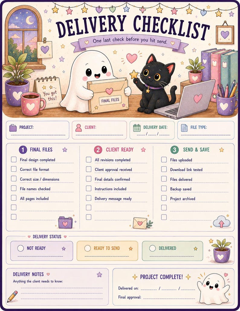 May include: A Delivery Checklist planner page featuring a cartoon ghost and black cat. The top section includes the text DELIVERY CHECKLIST and One last check before you hit send. Below are sections for project details, three numbered steps, delivery status, and notes.