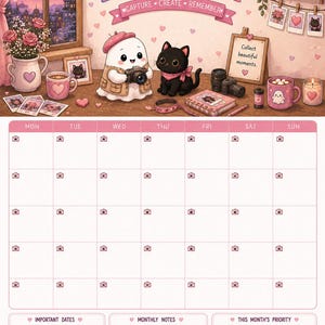 May include: A February calendar page featuring a ghost character with a camera and a black cat. The top section shows a desk with a vase of roses, mugs, photos, and the text "FEBRUARY" and "CAPTURE &bull; CREATE &bull; REMEMBER". The grid includes camera icons.