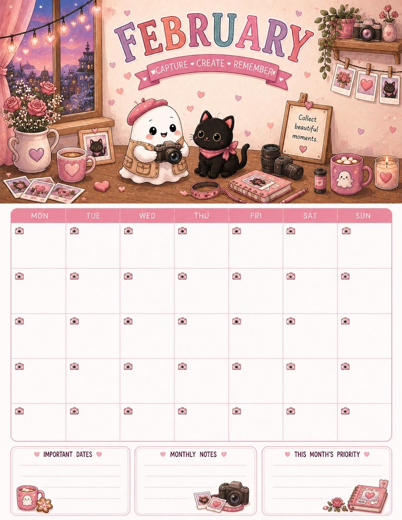 May include: A February calendar page featuring a ghost character with a camera and a black cat. The top section shows a desk with a vase of roses, mugs, photos, and the text "FEBRUARY" and "CAPTURE &bull; CREATE &bull; REMEMBER". The grid includes camera icons.