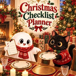 May include: A white ghost character wearing a red patterned scarf and a black cat wearing a red patterned sweater sit at a table. The ghost holds a checklist. The text Christmas Checklist Planner is centered above them with holiday decor.