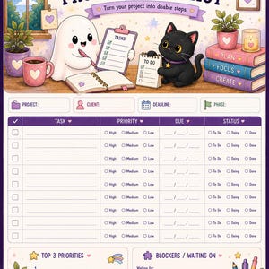 May include: A project task list planner sheet featuring a cartoon ghost and a black cat. The header reads PROJECT TASK LIST and Turn your project into doable steps. The layout includes sections for project details, a task table, top priorities, and blockers.
