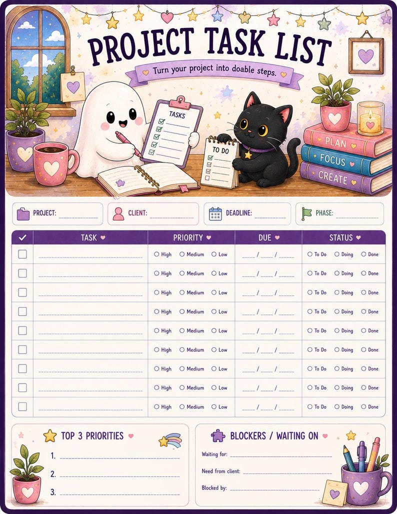 May include: A project task list planner sheet featuring a cartoon ghost and a black cat. The header reads PROJECT TASK LIST and Turn your project into doable steps. The layout includes sections for project details, a task table, top priorities, and blockers.