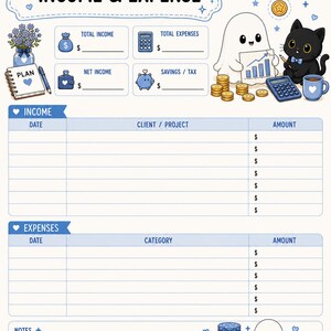 May include: A monthly income and expense tracker sheet for July featuring blue and white headers, a planner, a vase of flowers, a ghost, and a black cat. The layout includes sections for total income, expenses, net income, savings, and tax with blank lines.