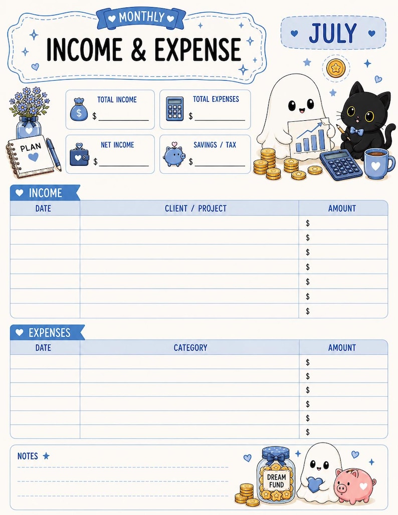 May include: A monthly income and expense tracker sheet for July featuring blue and white headers, a planner, a vase of flowers, a ghost, and a black cat. The layout includes sections for total income, expenses, net income, savings, and tax with blank lines.
