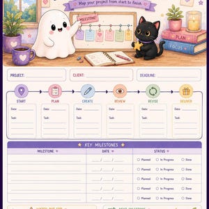 May include: A project timeline planner sheet featuring a white ghost and a black cat illustration. The top section includes a bulletin board with milestone notes, a notebook, and books. The lower section provides fields for project details, task tracking, and key milestones with status checkboxes.