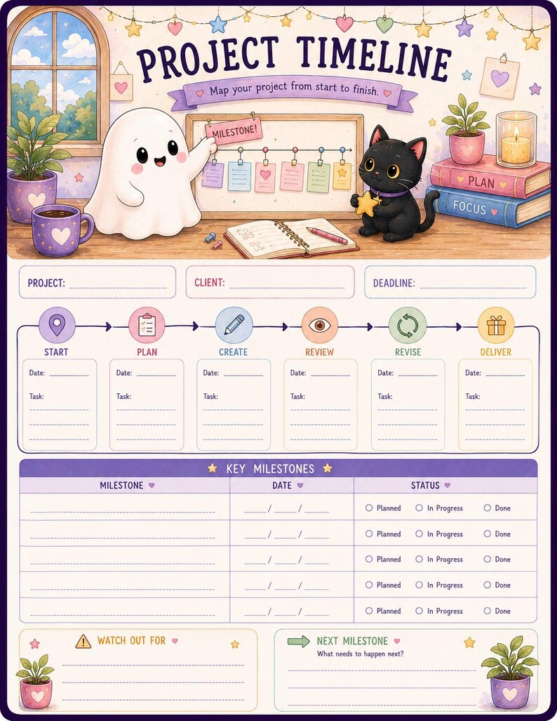 May include: A project timeline planner sheet featuring a white ghost and a black cat illustration. The top section includes a bulletin board with milestone notes, a notebook, and books. The lower section provides fields for project details, task tracking, and key milestones with status checkboxes.