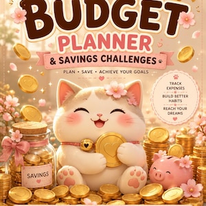 以下が含まれることがあります： 「Cozy Cat Budget Planner & Savings Challenges」のブックカバー。金貨を持つ漫画の猫が描かれ、周囲にはコインの山、Savingsと書かれたガラス瓶、ピンクの貯金箱、桜の花がピンクの背景に配置されています。