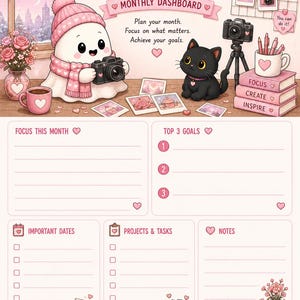 May include: A February monthly dashboard planner page featuring a ghost wearing a pink hat and scarf holding a camera, a black cat, and stacks of books labeled Focus, Create, and Inspire. The layout includes sections for goals, dates, and notes.