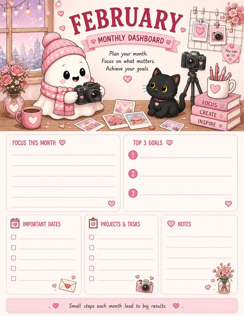 May include: A February monthly dashboard planner page featuring a ghost wearing a pink hat and scarf holding a camera, a black cat, and stacks of books labeled Focus, Create, and Inspire. The layout includes sections for goals, dates, and notes.