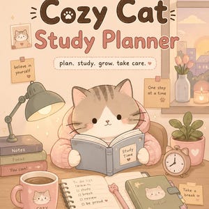 May include: An illustrated "Cozy Cat Study Planner" with a cat reading a book. The image includes a coffee mug, a to-do list, a pen, a small clock, and a potted plant. Text includes "believe in yourself" and "you're doing great."