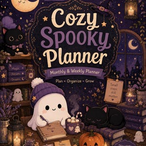 May include: A planner cover titled Cozy Spooky Planner with a purple and dark blue theme. It features a white ghost in a purple beanie writing in a notebook, a black cat, a jack-o'-lantern, candles, lanterns, and books labeled Magic, Potions, and Spells.