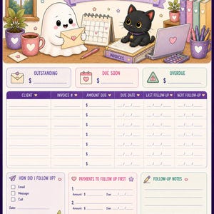 May include: A payment follow-up tracker sheet featuring a cartoon ghost holding an envelope and a black cat sitting on an invoice book. The document includes sections for outstanding, due soon, and overdue payments, a client table, and notes.