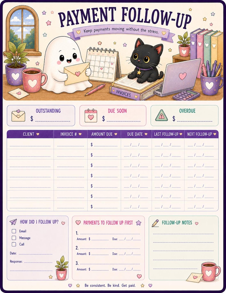 May include: A payment follow-up tracker sheet featuring a cartoon ghost holding an envelope and a black cat sitting on an invoice book. The document includes sections for outstanding, due soon, and overdue payments, a client table, and notes.