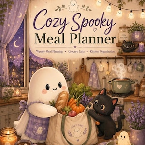 May include: A Cozy Spooky Meal Planner book cover featuring a white ghost wearing a purple plaid apron and a black cat holding a tote bag filled with vegetables. The scene includes a kitchen with string lights, a pot, and lavender plants.