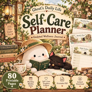May include: A Ghost's Daily Life Self Care Planner undated wellness journal featuring a white ghost character in a straw hat reading a book next to a black cat. Includes monthly, weekly, and habit tracker pages, 80 printable pages, and PDF download.