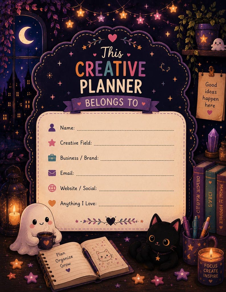 May include: A dark purple creative planner with a scalloped edge featuring the text This Creative Planner Belongs To, followed by fields for name, creative field, business, email, website, and interests. It includes a ghost, a black cat, and a notebook.
