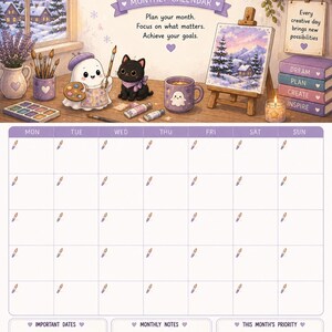 May include: A January monthly calendar featuring a ghost artist and a black cat on a desk with art supplies, a winter landscape painting, and stacked books labeled Dream, Plan, Create, Inspire. The grid includes space for notes and priorities.