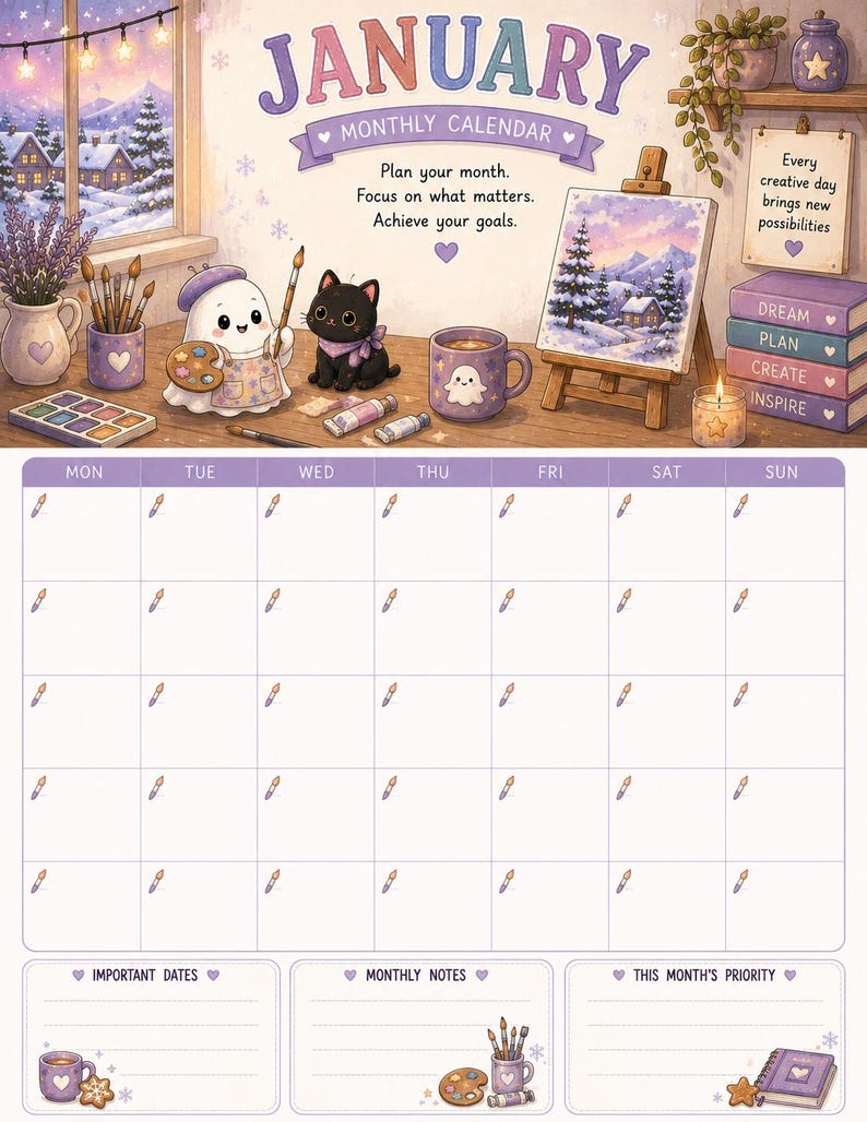 May include: A January monthly calendar featuring a ghost artist and a black cat on a desk with art supplies, a winter landscape painting, and stacked books labeled Dream, Plan, Create, Inspire. The grid includes space for notes and priorities.