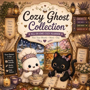 May include: A digital illustration titled Cozy Ghost Collection featuring a white ghost wearing a chef hat mixing in a bowl and a black cat writing in a planner. The scene includes shelves with books, candles, flowers, and a window showing four seasons.