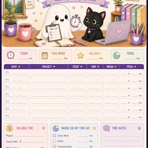 May include: A Time Tracker planner sheet featuring a cartoon ghost and black cat at a desk. The top section includes a calendar, laptop, and mugs. The main area is a grid for tracking date, project, start, end, break, and total hours. Bottom sections include billable time, a pie chart for time distribution, and notes.