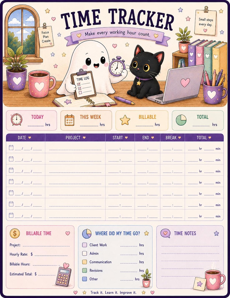 May include: A Time Tracker planner sheet featuring a cartoon ghost and black cat at a desk. The top section includes a calendar, laptop, and mugs. The main area is a grid for tracking date, project, start, end, break, and total hours. Bottom sections include billable time, a pie chart for time distribution, and notes.