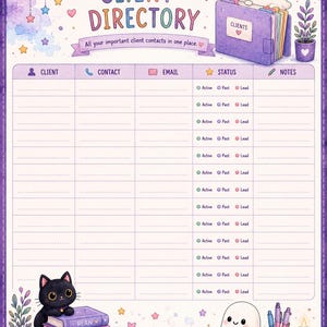 May include: A client directory planner page with a purple border, featuring a table for client contact details, email, status, and notes. The header reads CLIENT DIRECTORY and All your important client contacts in one place, with ghost and cat illustrations.
