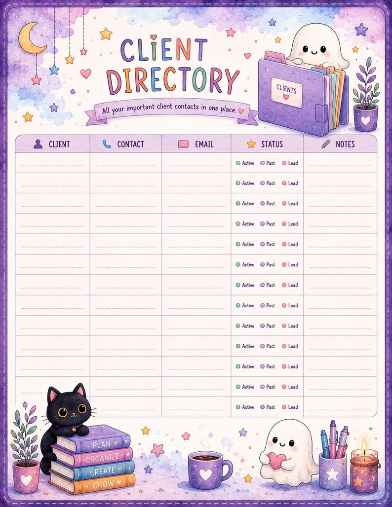 May include: A client directory planner page with a purple border, featuring a table for client contact details, email, status, and notes. The header reads CLIENT DIRECTORY and All your important client contacts in one place, with ghost and cat illustrations.