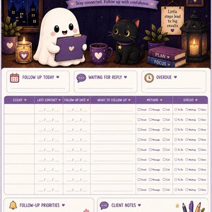 May include: A purple and white client follow-up tracker sheet featuring a cartoon ghost and black cat. The header reads CLIENT FOLLOW-UP TRACKER and Stay connected. Follow up with confidence. Includes sections for follow-up tasks, client details, and notes.